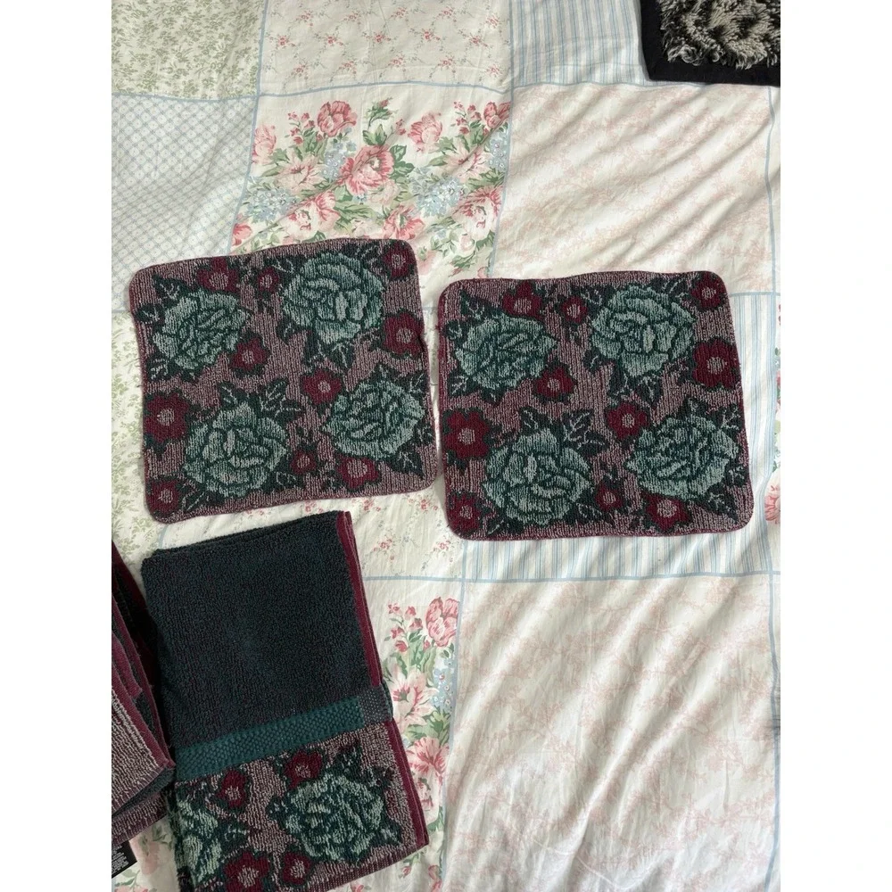 Vintage Cannon Royal Family Green Rose Floral Cttn Bath Towel Washcloth 6pc Set